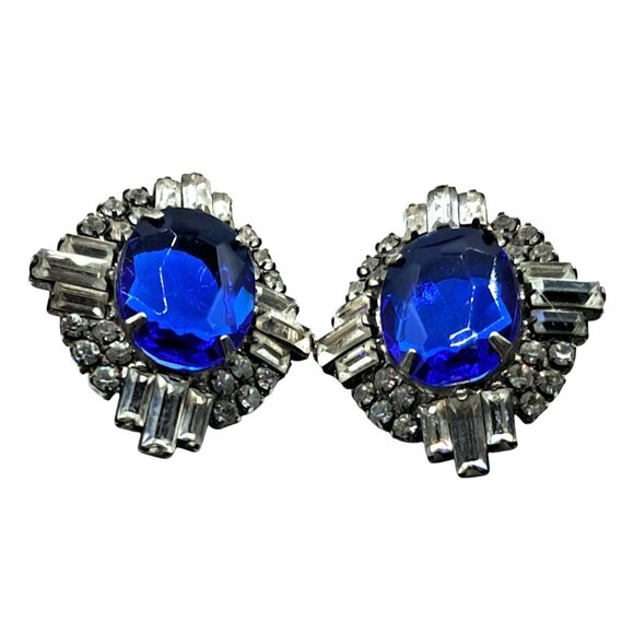 Vintage Rhinestone Earrings Blue Clear PIerced Post Costume Jewelry - Picture 3 of 8